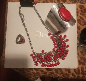 Red Beaded Necklace and Silver Cuff Set